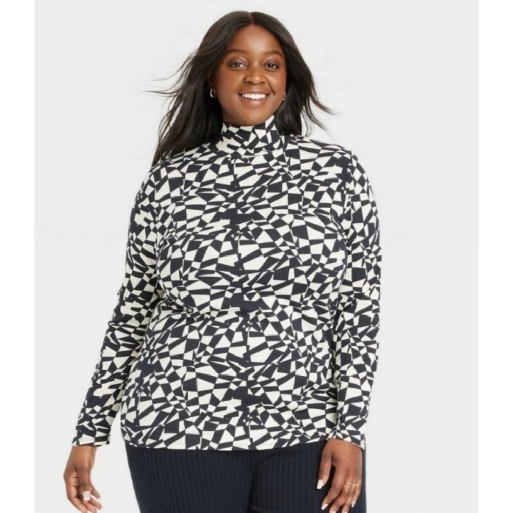 Ava & Viv Mock neck Geometric Long sleeve top Black & White Size 2X